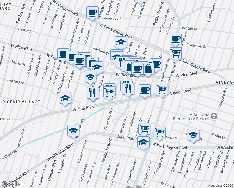 map of restaurants, bars, coffee shops, grocery stores, and more near 1533 Meadowbrook Avenue in Los Angeles