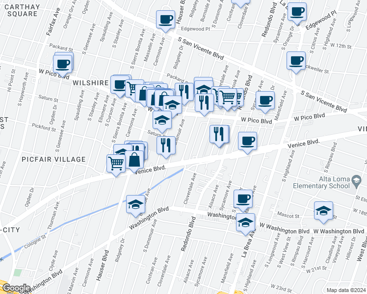 map of restaurants, bars, coffee shops, grocery stores, and more near 1528 South Dunsmuir Avenue in Los Angeles