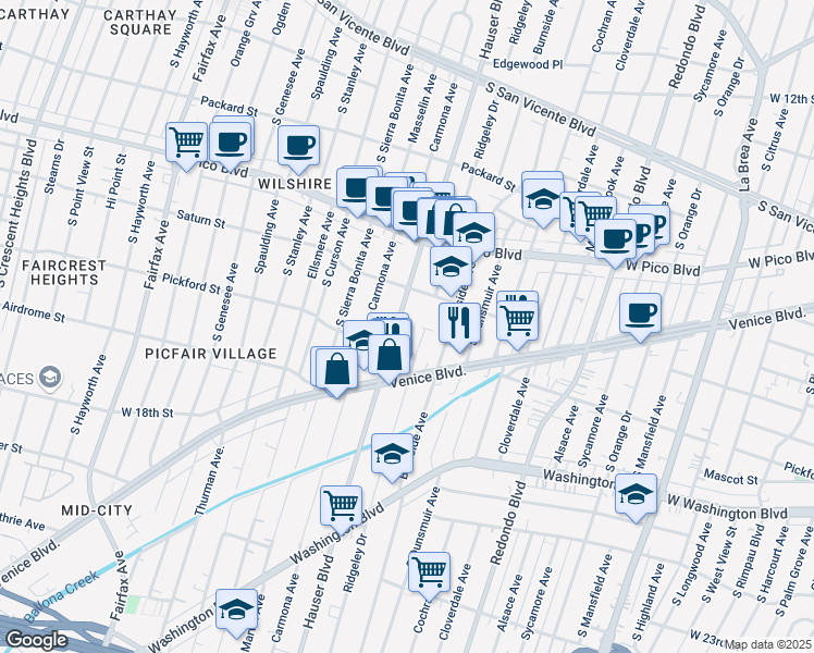 map of restaurants, bars, coffee shops, grocery stores, and more near 1558 Hauser Boulevard in Los Angeles