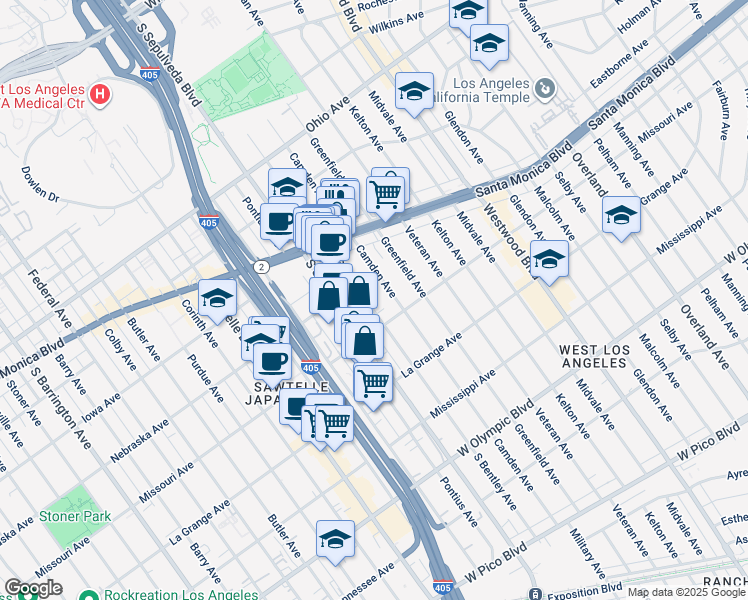 map of restaurants, bars, coffee shops, grocery stores, and more near 1839 South Bentley Avenue in Los Angeles