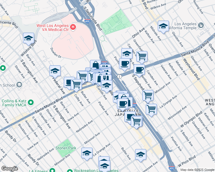 map of restaurants, bars, coffee shops, grocery stores, and more near 1670 Sawtelle Boulevard in Los Angeles