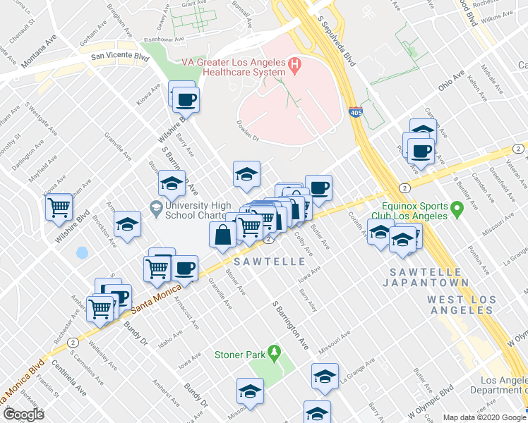map of restaurants, bars, coffee shops, grocery stores, and more near in Los Angeles