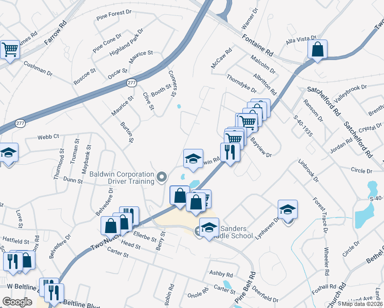 map of restaurants, bars, coffee shops, grocery stores, and more near 4019 Baldwin Road in Columbia