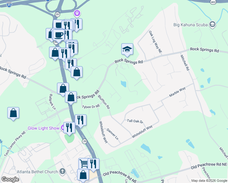 map of restaurants, bars, coffee shops, grocery stores, and more near 2644 Winslow Ridge Drive Northeast in Buford