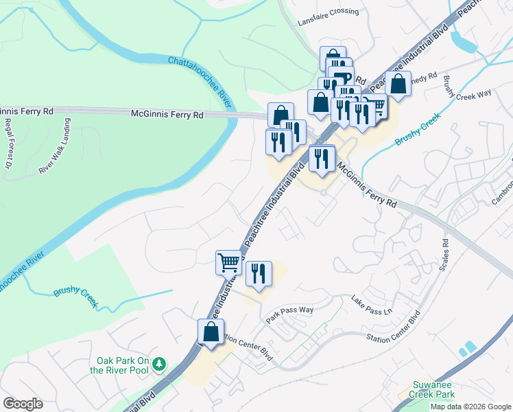 map of restaurants, bars, coffee shops, grocery stores, and more near 1252 Fieldcrest Court in Suwanee