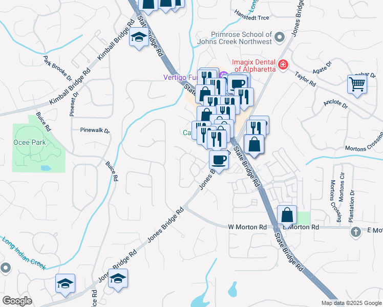 map of restaurants, bars, coffee shops, grocery stores, and more near 15104 Harvest Ridge Lane in Alpharetta