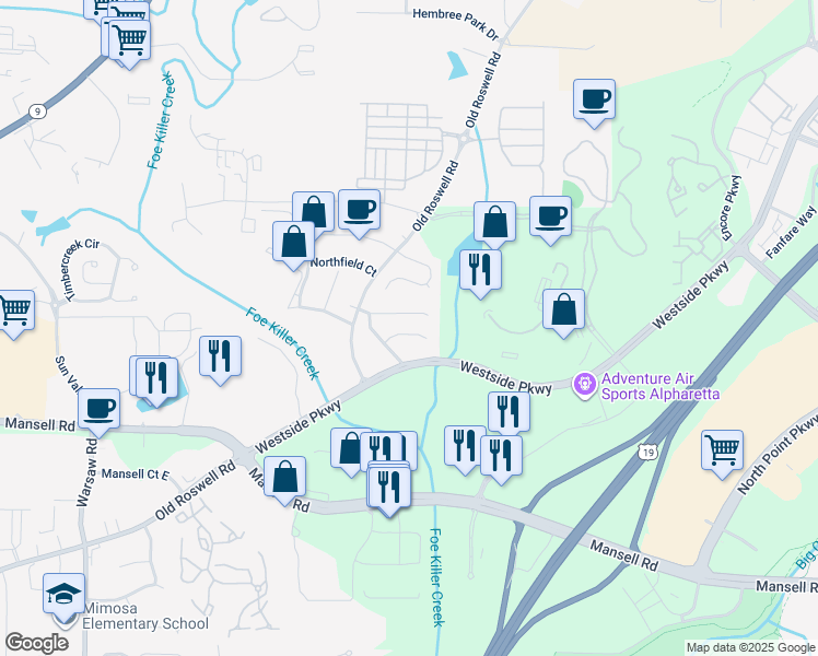 map of restaurants, bars, coffee shops, grocery stores, and more near 1221 Hanover Place in Alpharetta