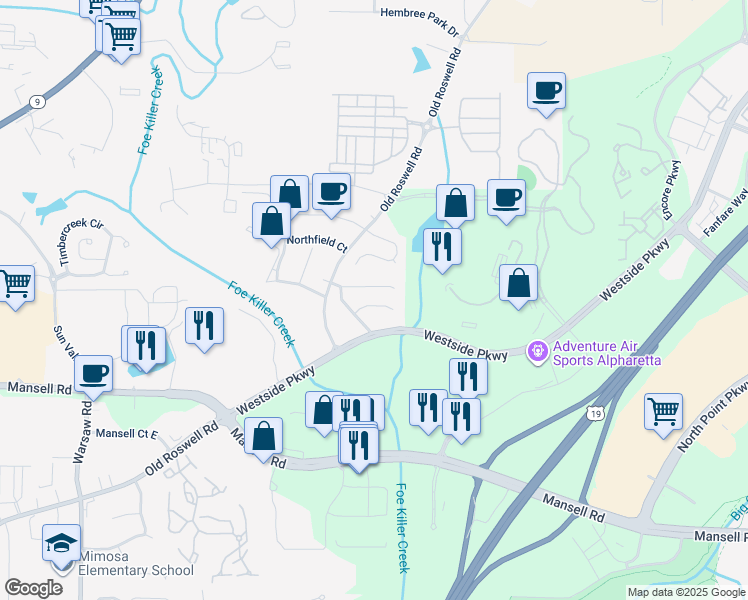 map of restaurants, bars, coffee shops, grocery stores, and more near 1221 Hanover Place in Alpharetta