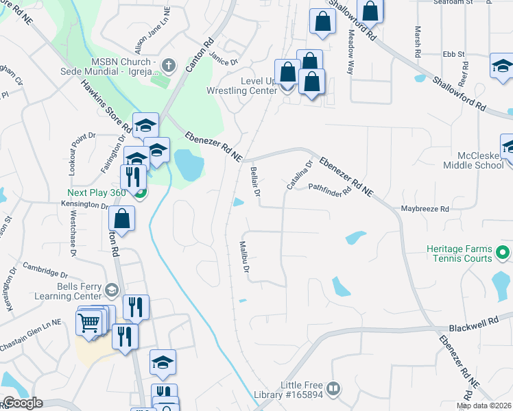 map of restaurants, bars, coffee shops, grocery stores, and more near 1030 Lincoln Drive in Marietta