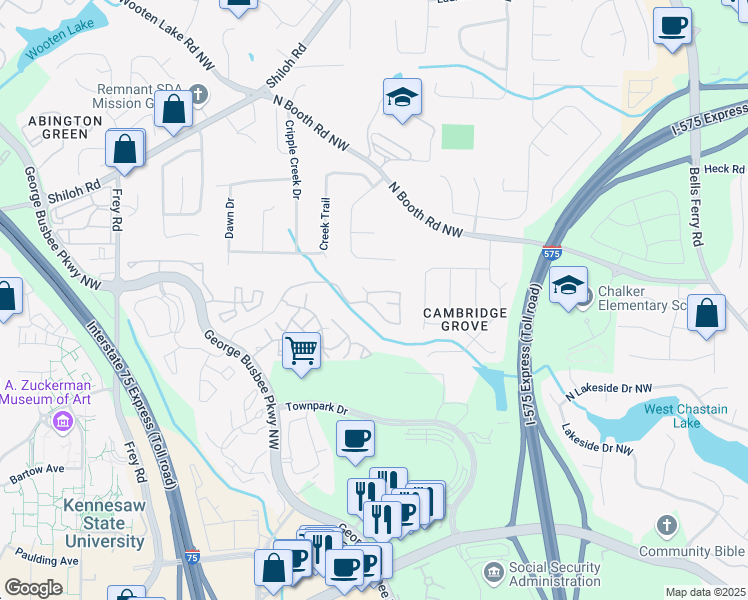map of restaurants, bars, coffee shops, grocery stores, and more near 1000 Towne Cross in Kennesaw