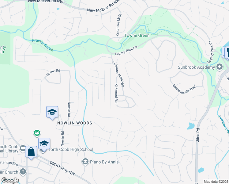 map of restaurants, bars, coffee shops, grocery stores, and more near 3824 Kirkwood Run in Kennesaw