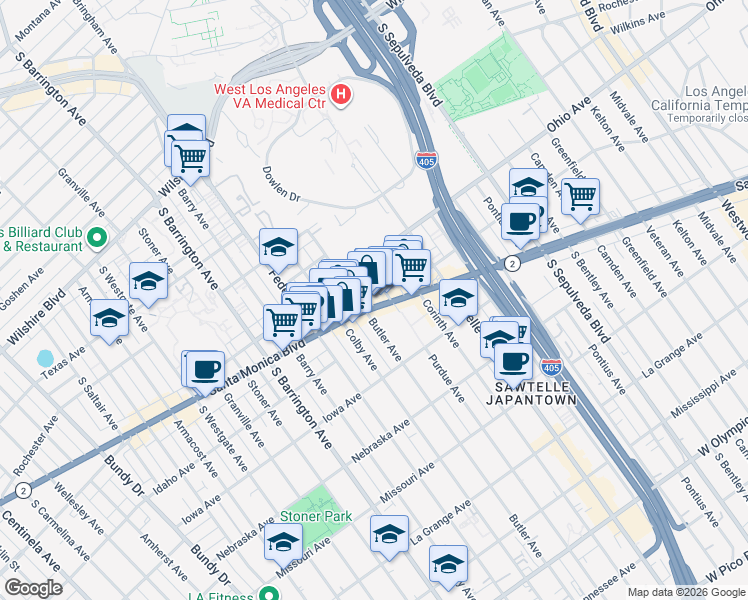 map of restaurants, bars, coffee shops, grocery stores, and more near 11500 California 2 in Los Angeles