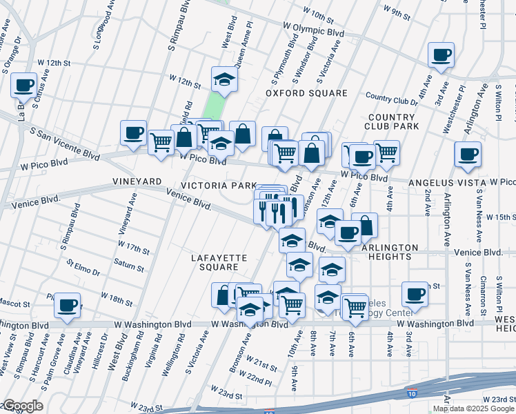 map of restaurants, bars, coffee shops, grocery stores, and more near 4300 Victoria Park Drive in Los Angeles