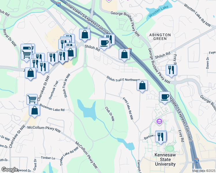 map of restaurants, bars, coffee shops, grocery stores, and more near 3796 Club Drive Northwest in Kennesaw