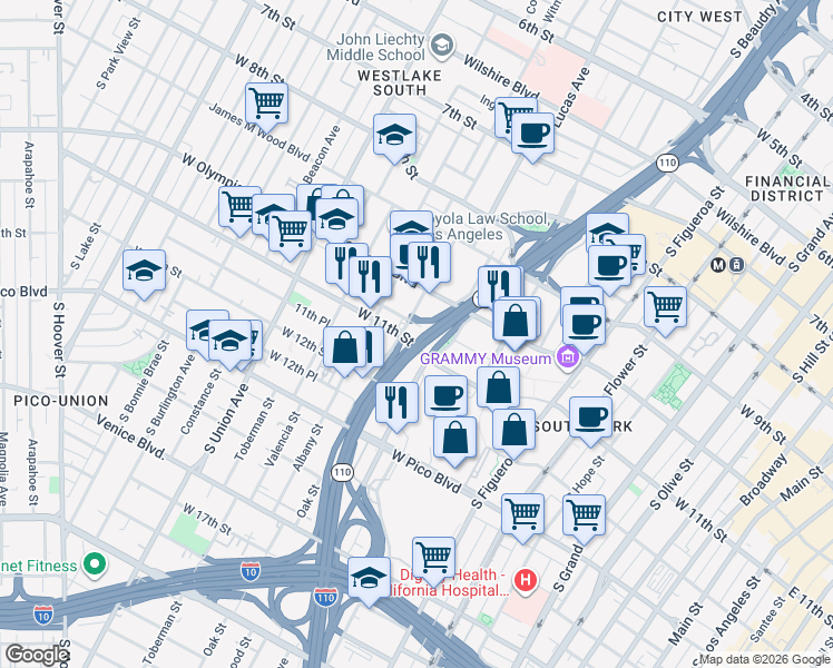 map of restaurants, bars, coffee shops, grocery stores, and more near 1211 West 11th Street in Los Angeles
