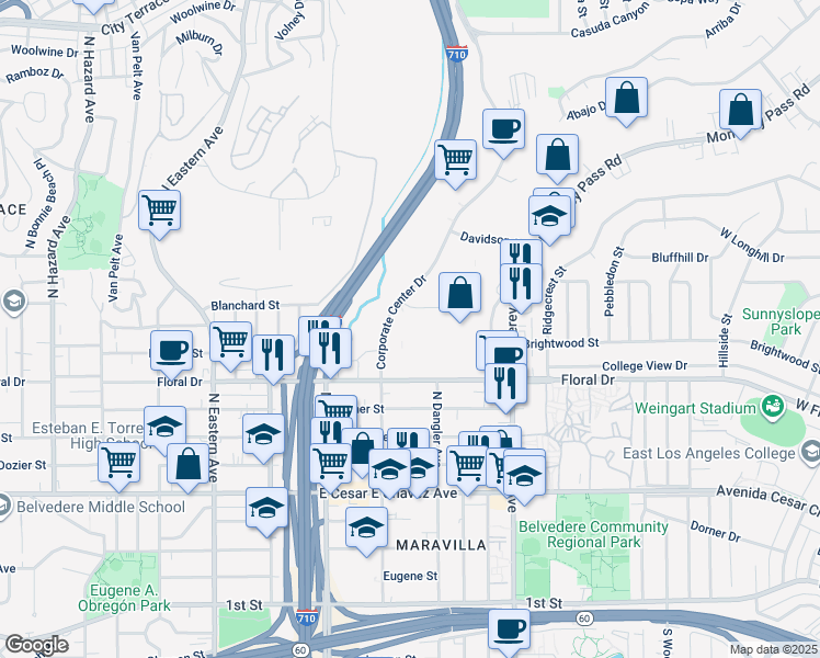 map of restaurants, bars, coffee shops, grocery stores, and more near 1588 Corporate Center Drive in Monterey Park