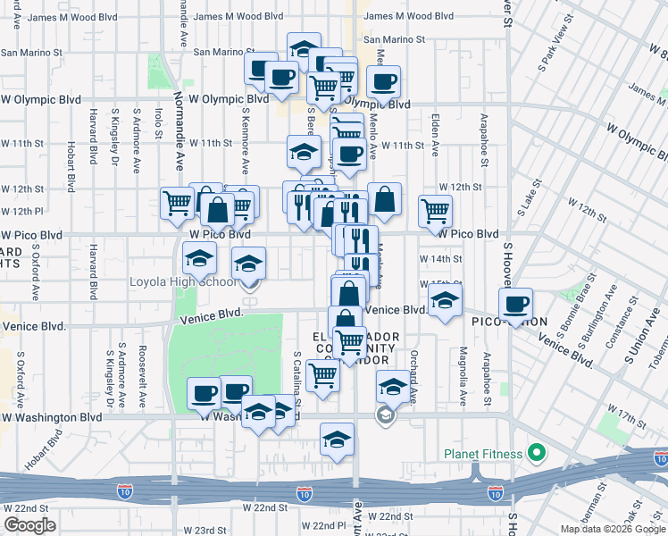 map of restaurants, bars, coffee shops, grocery stores, and more near 1424 South Berendo Street in Los Angeles