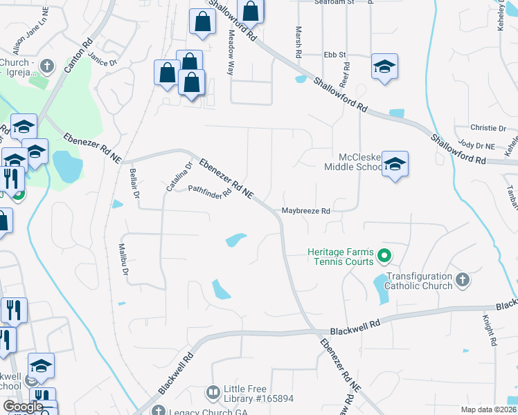 map of restaurants, bars, coffee shops, grocery stores, and more near 3901 Ebenezer Road Northeast in Marietta