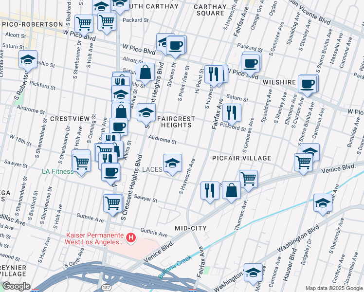 map of restaurants, bars, coffee shops, grocery stores, and more near 5936 Airdrome Street in Los Angeles