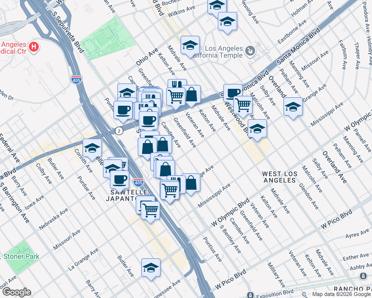 map of restaurants, bars, coffee shops, grocery stores, and more near 1865 Camden Avenue in Los Angeles