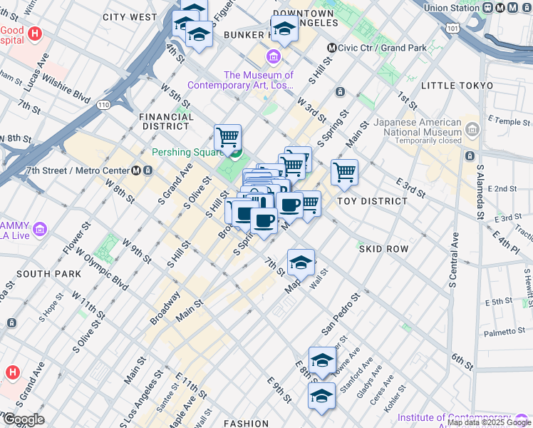 map of restaurants, bars, coffee shops, grocery stores, and more near 603 South Spring Street in Los Angeles