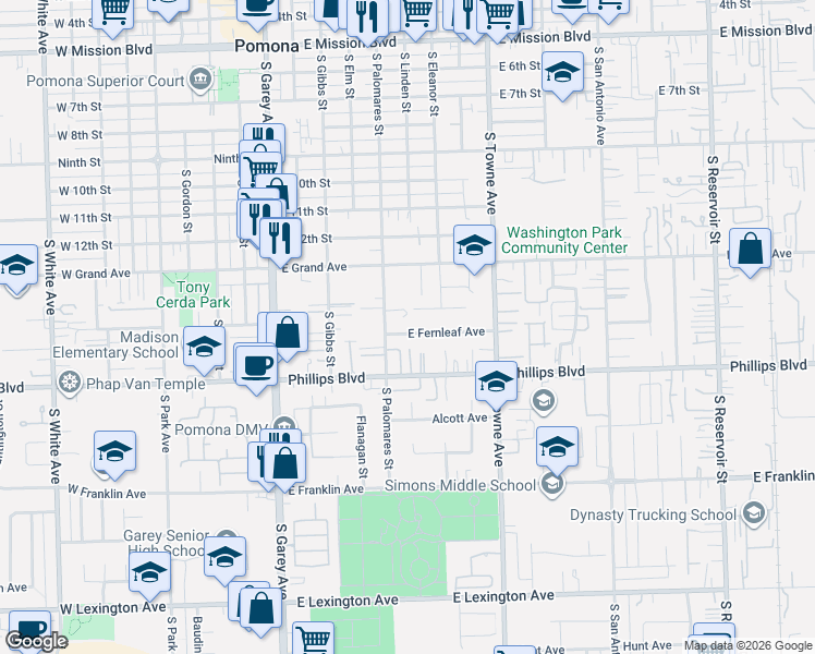 map of restaurants, bars, coffee shops, grocery stores, and more near 575 East Fernleaf Avenue in Pomona