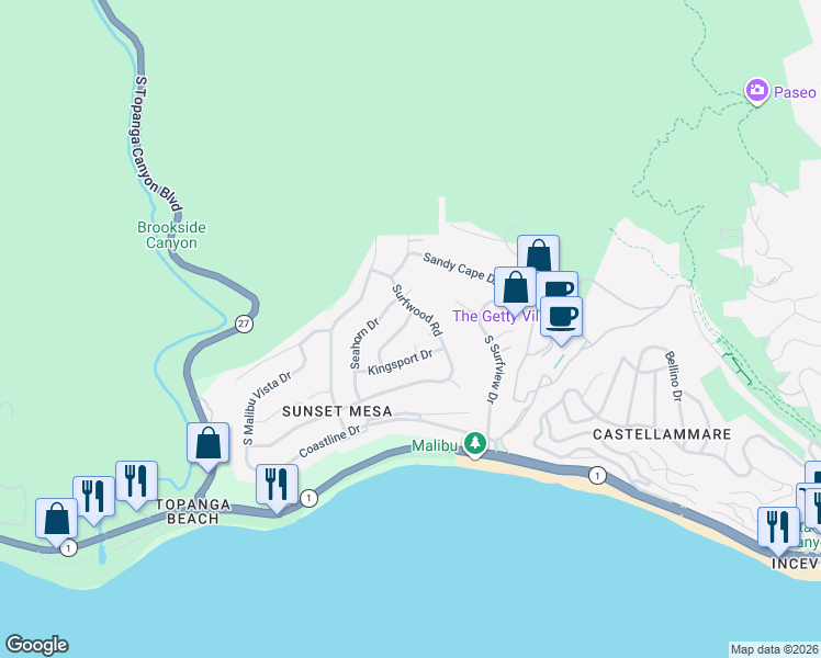 map of restaurants, bars, coffee shops, grocery stores, and more near 3709 Surfwood Road in Malibu