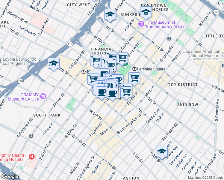 map of restaurants, bars, coffee shops, grocery stores, and more near 731S South Hill Street in Los Angeles