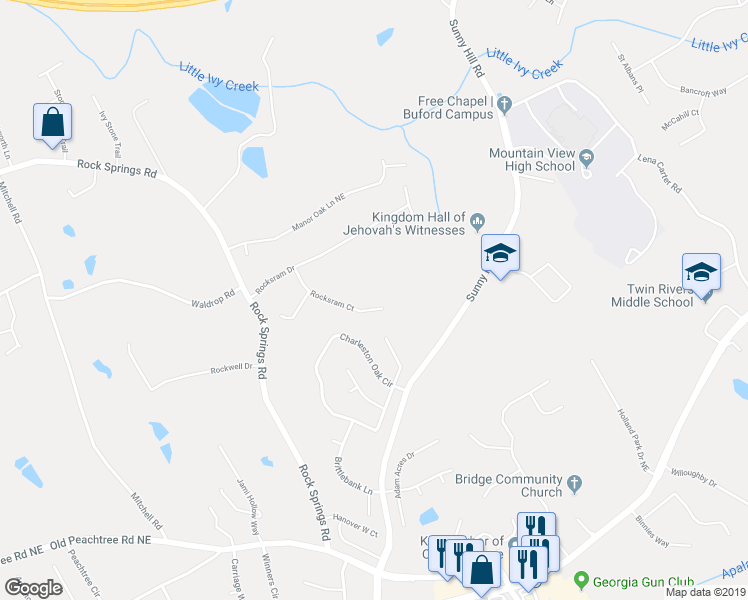 map of restaurants, bars, coffee shops, grocery stores, and more near 2257 Rocksram Court in Buford