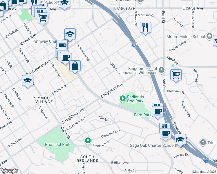 map of restaurants, bars, coffee shops, grocery stores, and more near 1055 Roosevelt Road in Redlands