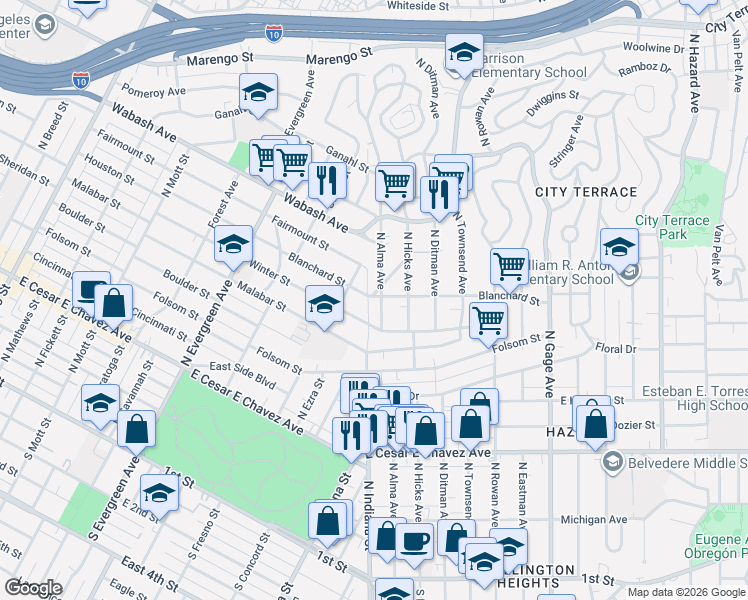 map of restaurants, bars, coffee shops, grocery stores, and more near 3235 Winter Street in Los Angeles