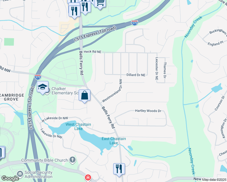 map of restaurants, bars, coffee shops, grocery stores, and more near 3855 Westmoreland Drive Northwest in Kennesaw