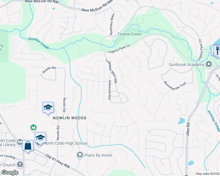 map of restaurants, bars, coffee shops, grocery stores, and more near 3824 Kirkwood Run in Kennesaw