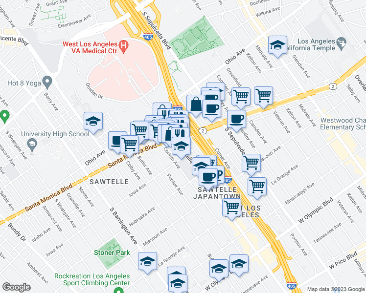 map of restaurants, bars, coffee shops, grocery stores, and more near 1670 Sawtelle Boulevard in Los Angeles