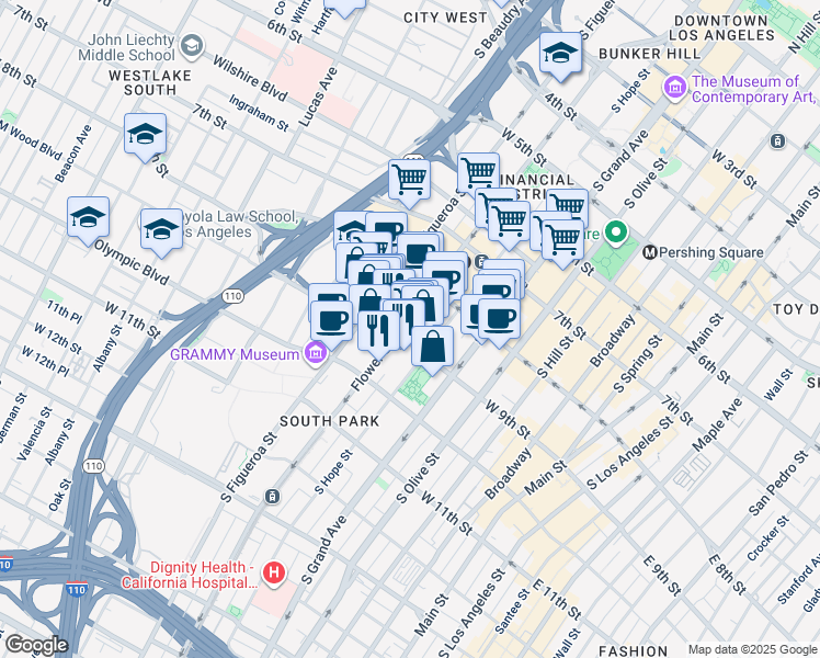 map of restaurants, bars, coffee shops, grocery stores, and more near in Los Angeles