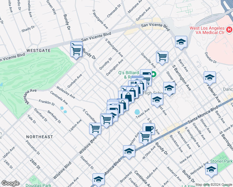 map of restaurants, bars, coffee shops, grocery stores, and more near 1107 South Bundy Drive in Los Angeles