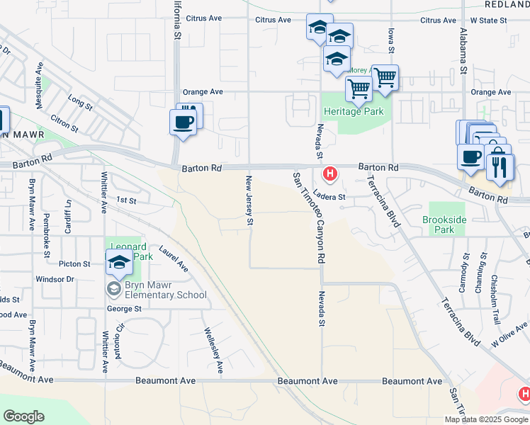 map of restaurants, bars, coffee shops, grocery stores, and more near 26744 Bermudez Street in Redlands