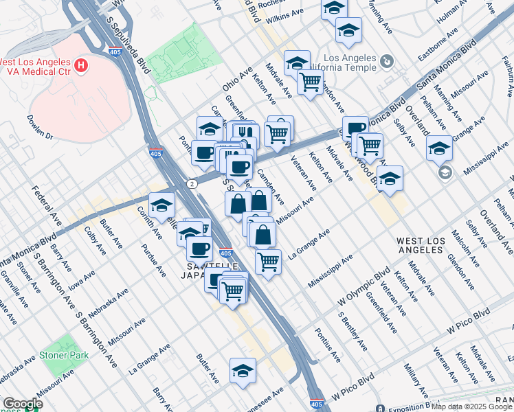 map of restaurants, bars, coffee shops, grocery stores, and more near 1821 South Bentley Avenue in Los Angeles