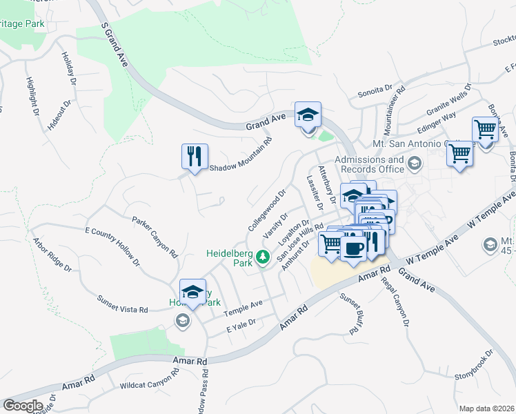 map of restaurants, bars, coffee shops, grocery stores, and more near 20502 Buckland Drive in Walnut