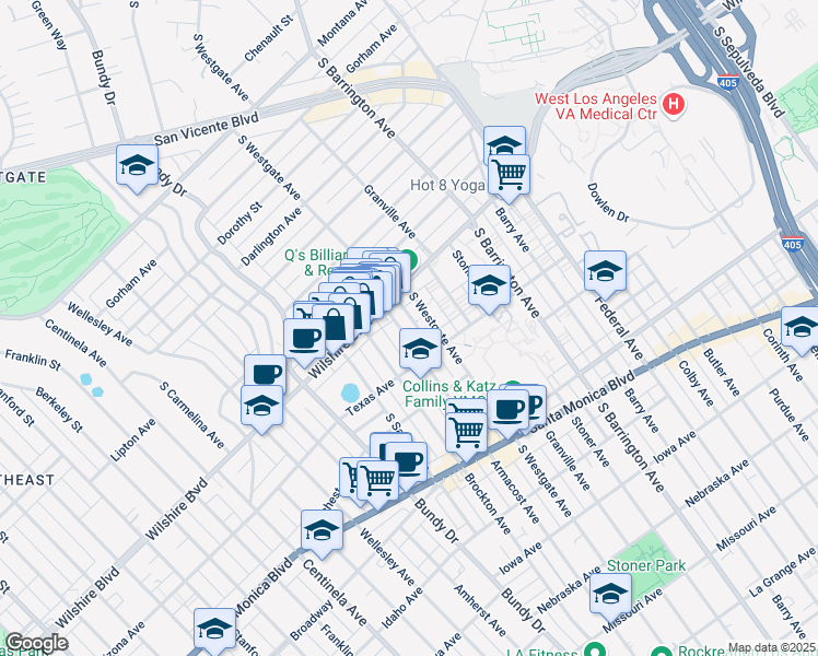 map of restaurants, bars, coffee shops, grocery stores, and more near 1234 Armacost Avenue in Los Angeles