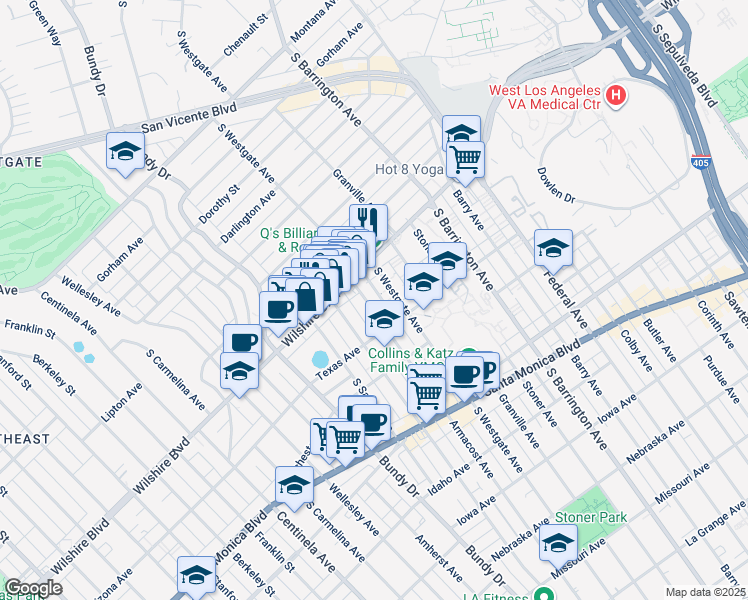 map of restaurants, bars, coffee shops, grocery stores, and more near 1234 Armacost Avenue in Los Angeles