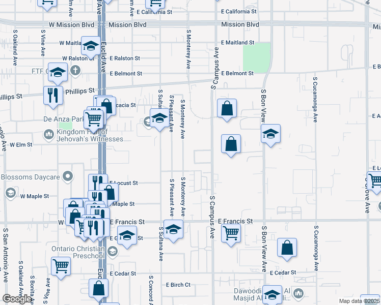 map of restaurants, bars, coffee shops, grocery stores, and more near 623 East Elm Street in Ontario