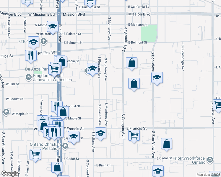 map of restaurants, bars, coffee shops, grocery stores, and more near 623 East Elm Street in Ontario