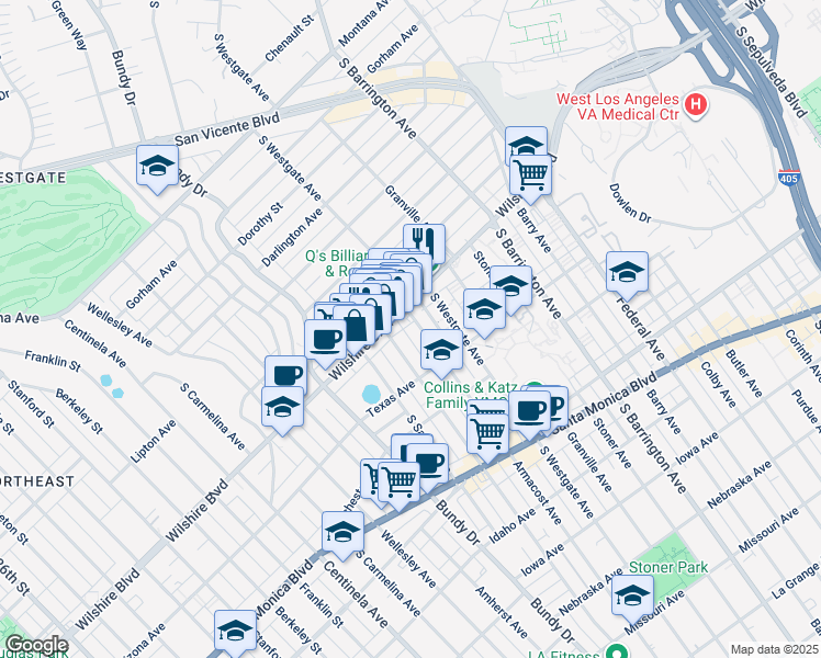 map of restaurants, bars, coffee shops, grocery stores, and more near 1215 Armacost Avenue in Los Angeles