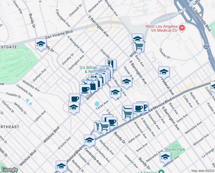 map of restaurants, bars, coffee shops, grocery stores, and more near 1215 Armacost Avenue in Los Angeles