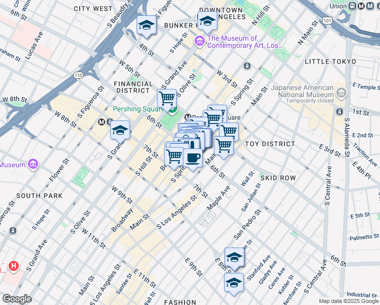 map of restaurants, bars, coffee shops, grocery stores, and more near 634 South Spring Street in Los Angeles