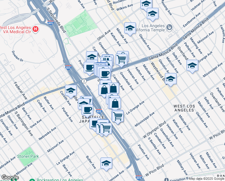 map of restaurants, bars, coffee shops, grocery stores, and more near 1821 South Bentley Avenue in Los Angeles
