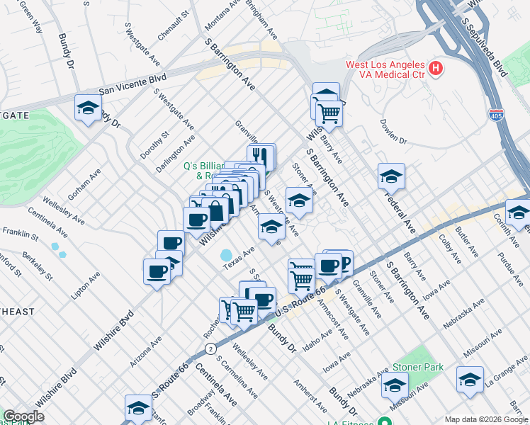 map of restaurants, bars, coffee shops, grocery stores, and more near 1234 Armacost Avenue in Los Angeles