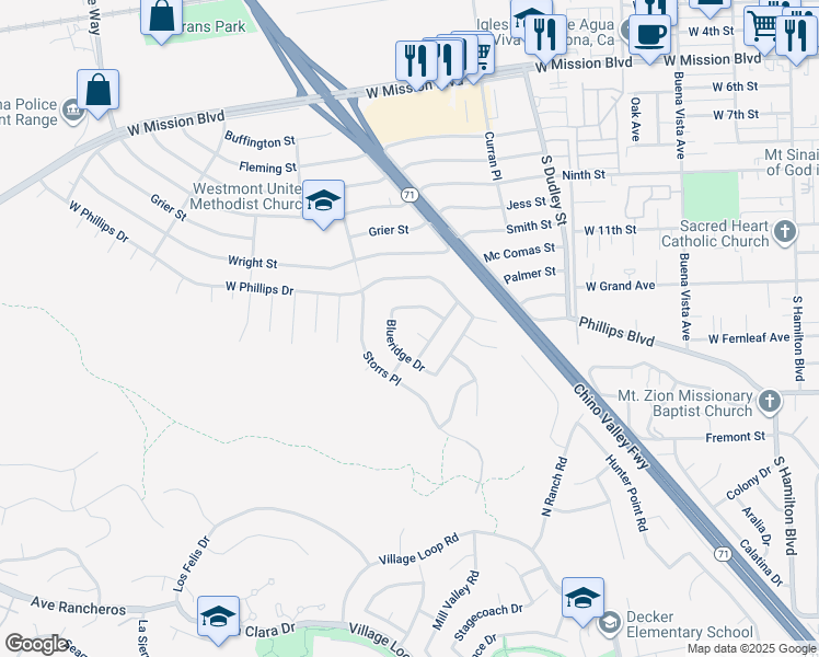 map of restaurants, bars, coffee shops, grocery stores, and more near 1677 Redbud Place in Pomona