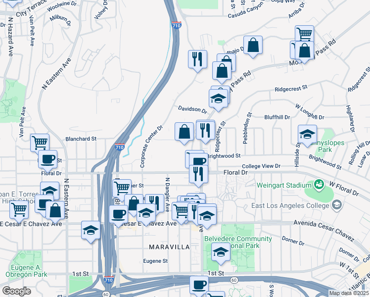 map of restaurants, bars, coffee shops, grocery stores, and more near 2530 Corporate Pl in Monterey Park